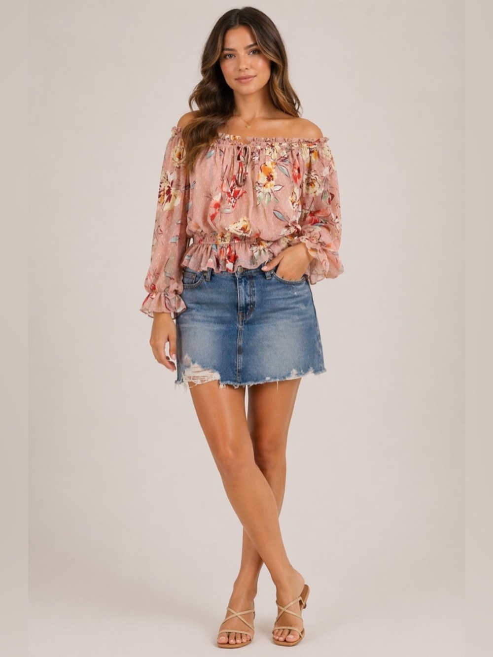 WHOLE OUTFIT First Love Floral Ruffle Sheer Blouse AND NEW Denim Skirt